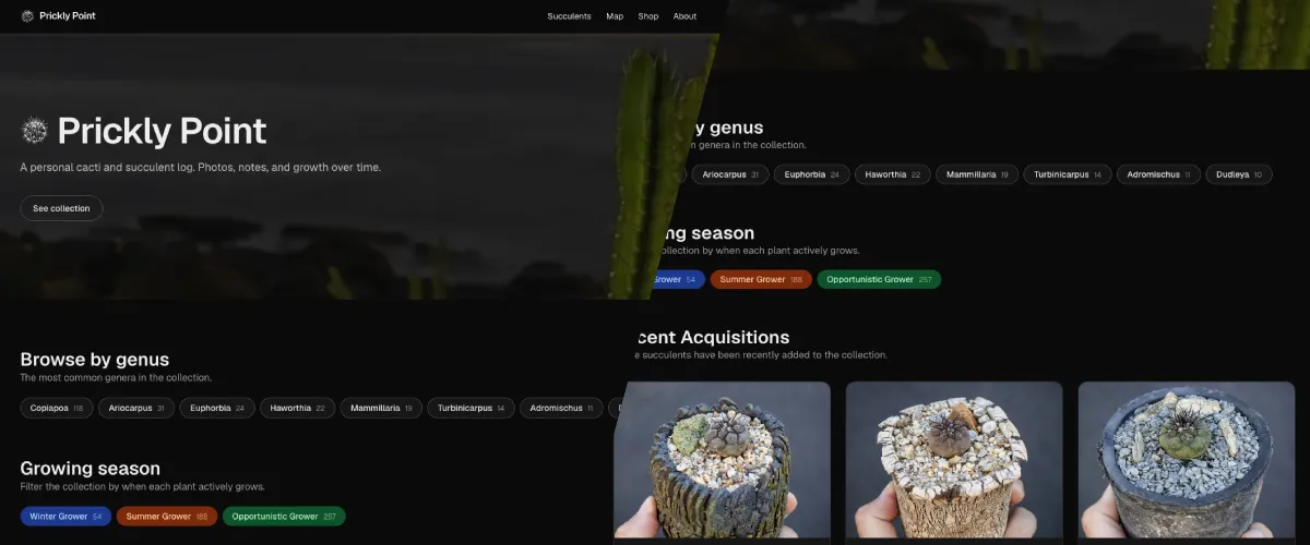 The Prickly Point homepage, showing the collection browsable by genus and growing season